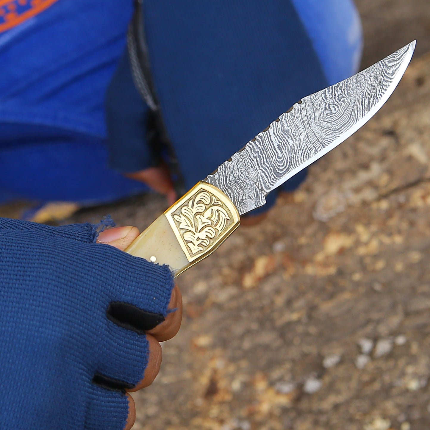 Stormedge Handmade Damascus EDC Pocket Knife with Leather Sheath & Bone Handle