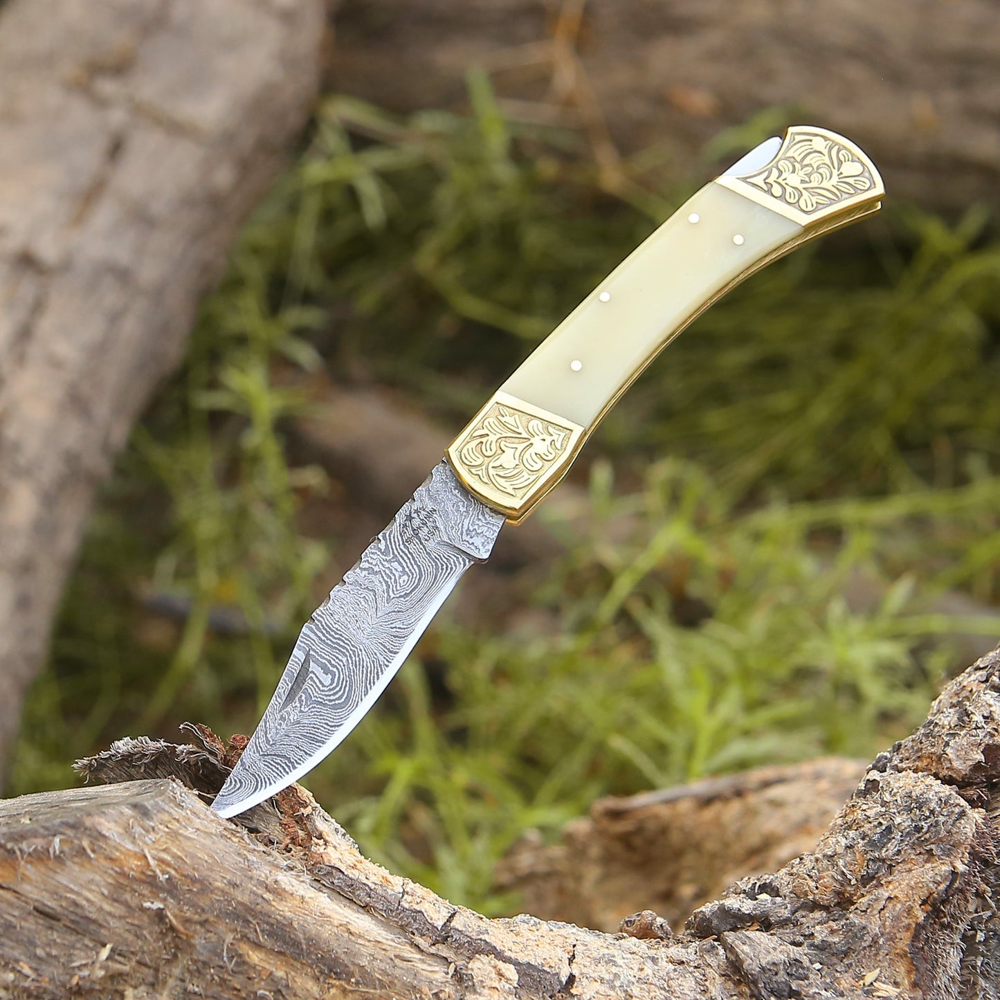 Stormedge Handmade Damascus EDC Pocket Knife with Leather Sheath & Bone Handle