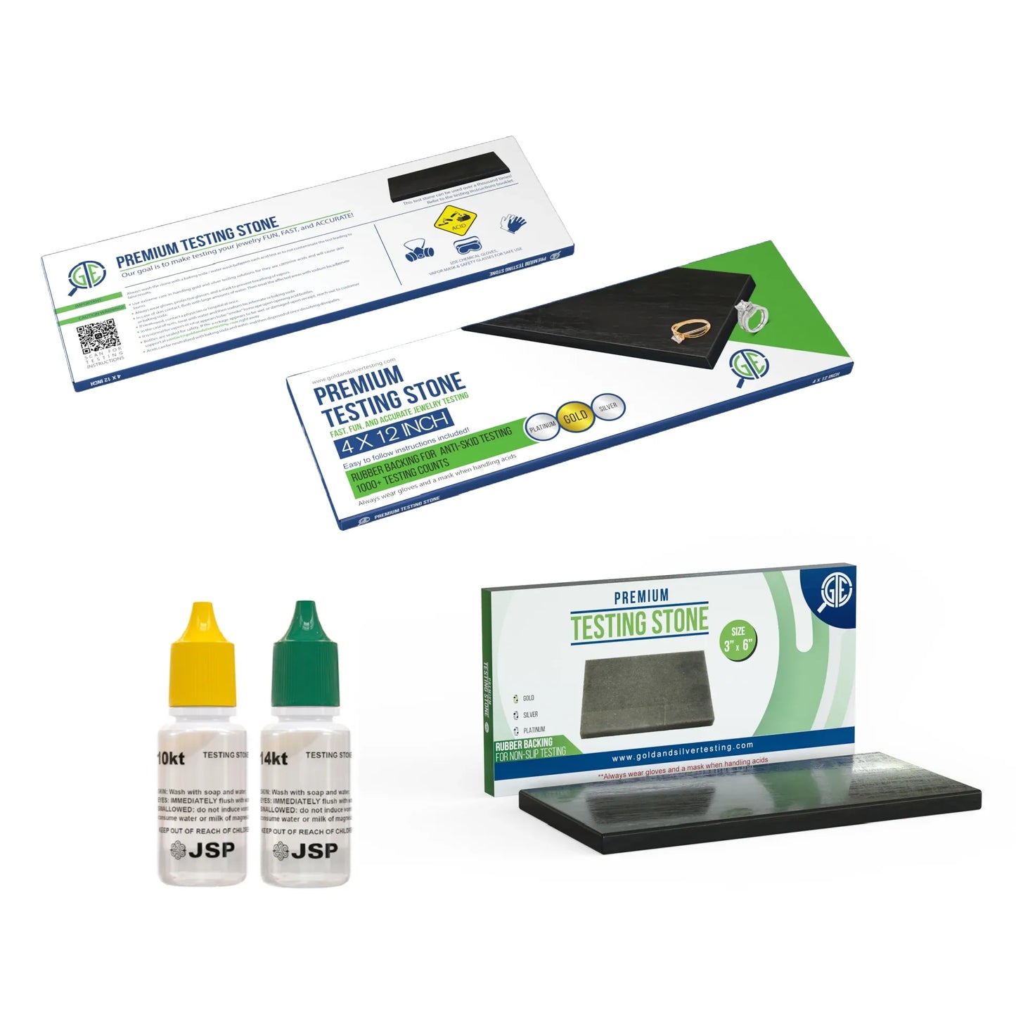 Gold Jewelry Test Kit (2) 4x12 Black Scratch Stones + (1) 3x6 Black Scratch Stone + (1) 10K JSP + (1) 14K JSP Test Solutions