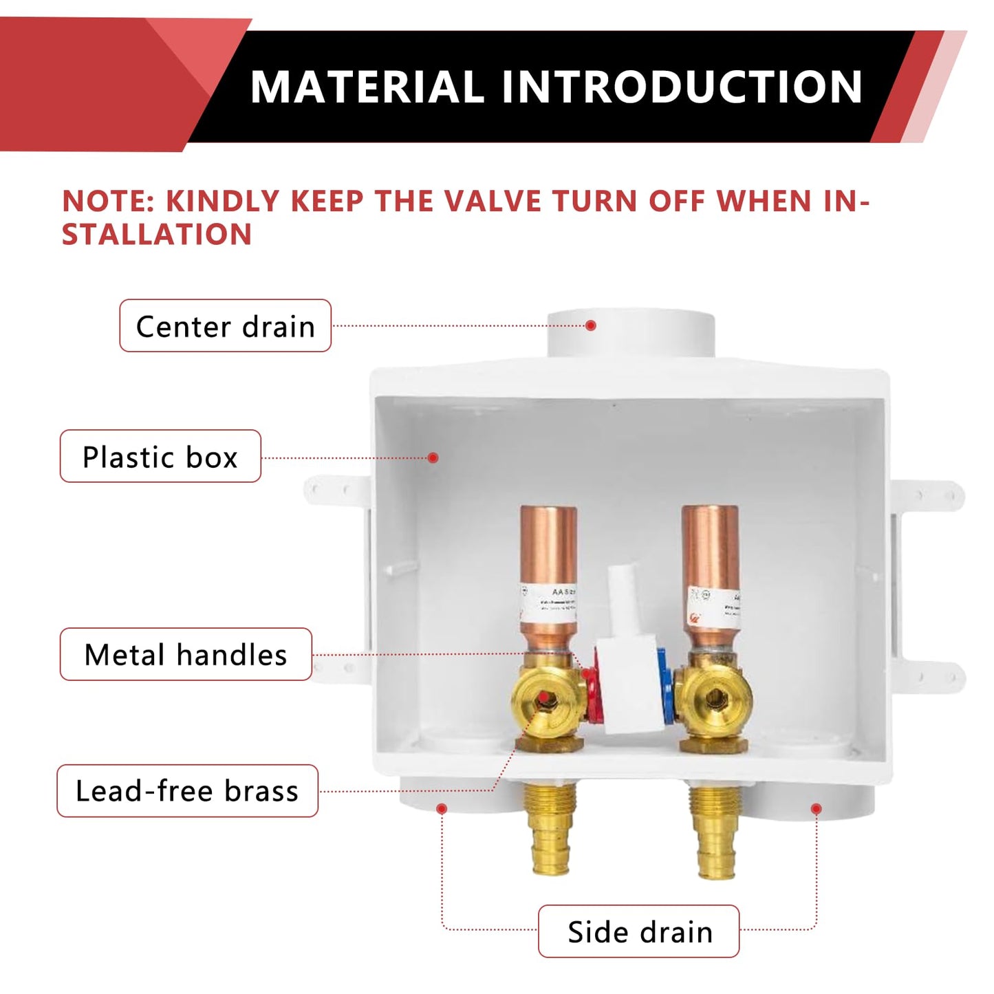 1/2" PEX Expansion (F1960) Inlet, Washing Machine Outlet Box, Single Control Valve, with Copper Water Hammer Arrestor