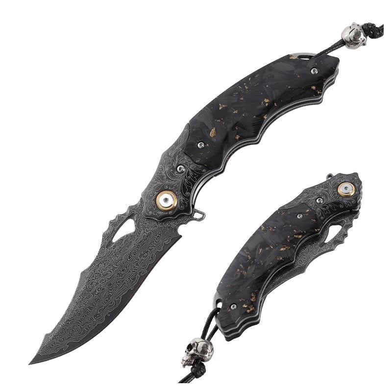 Black gold EDC Gentlemen's Pocket Knife with 14K Gold Foil Carbon Fiber Handle & Sheath Personalized