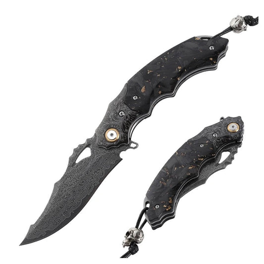 Black gold EDC Gentlemen's Pocket Knife with 14K Gold Foil Carbon Fiber Handle & Sheath Personalized