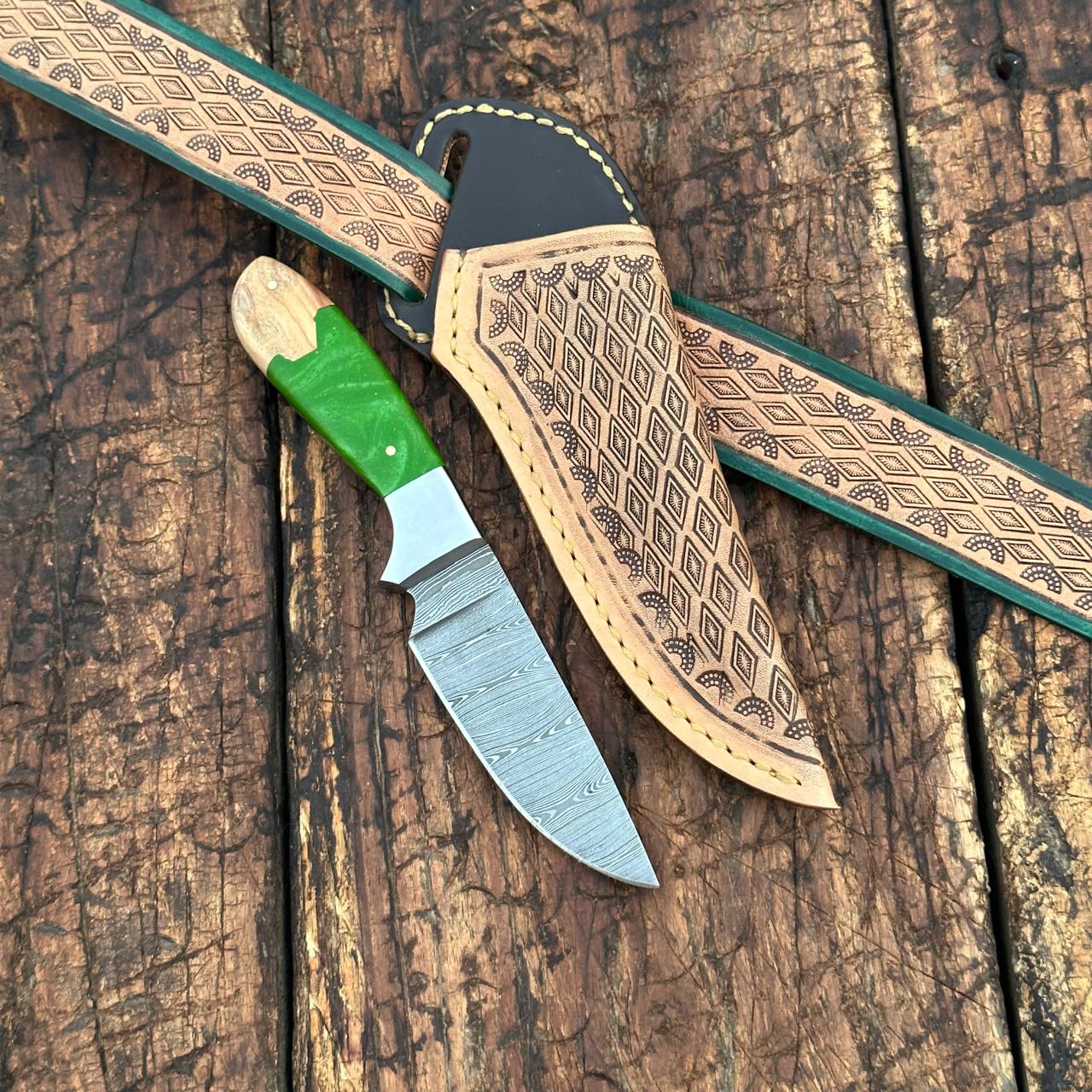 Yellowstone Damascus Skinner Knife with Hand tooled Sheath & Belt