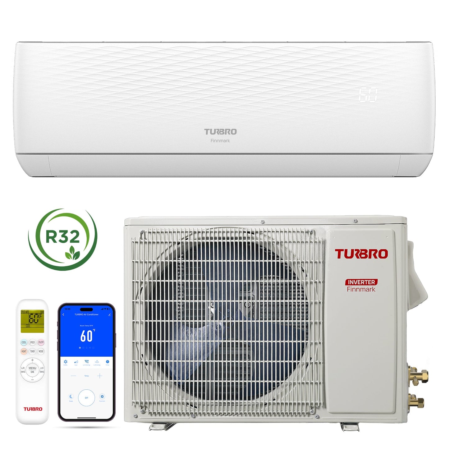 Finnmark 12,000 BTU WiFi Ductless Mini Split AC with Heat Pump, 115V/230V (R32)