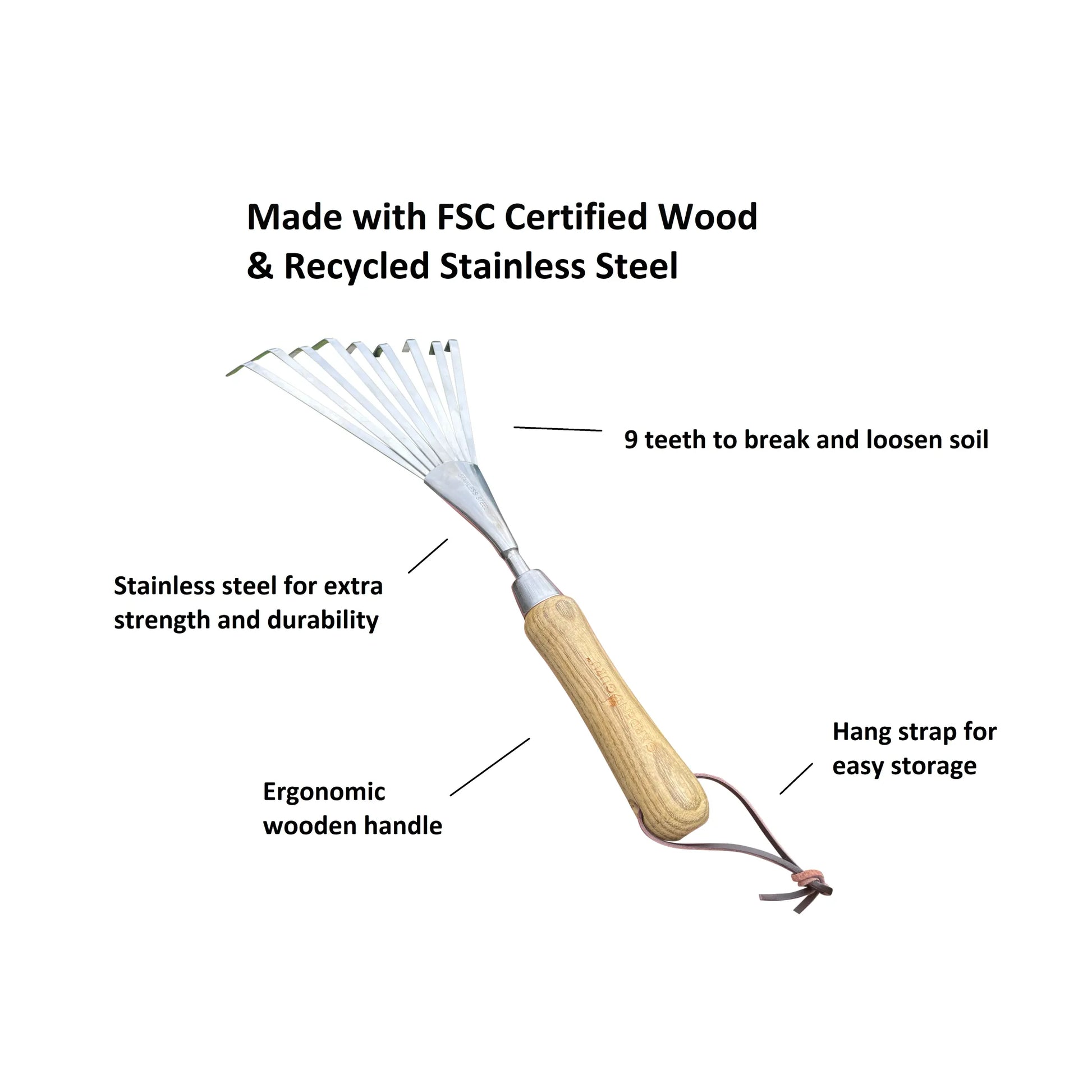 Stainless Steel Garden Hand Rake (classic wood handle)