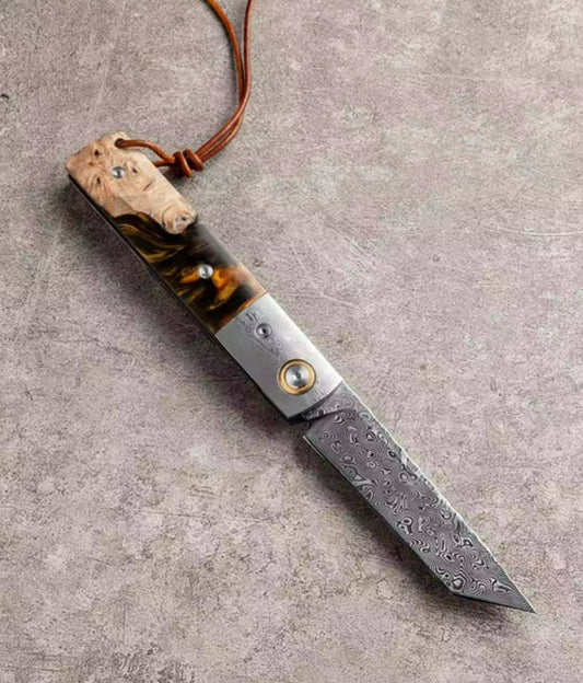 Galaxy Japanese Damascus Folding Pocket Knife with Olive Burl Wood & Resin Handle