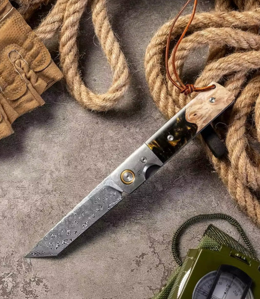 Galaxy Japanese Damascus Folding Pocket Knife with Olive Burl Wood & Resin Handle