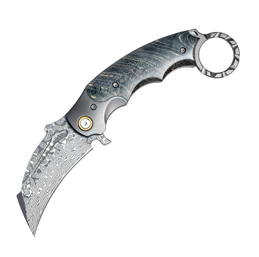 Falcon Japanese Damascus Pocket Knife with Exotic Stained Maple Burl Handle