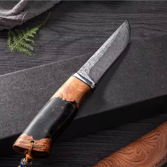 Predator Japanese Damascus Steel Knife with Exotic Olive Wood Burl & Resin Handle