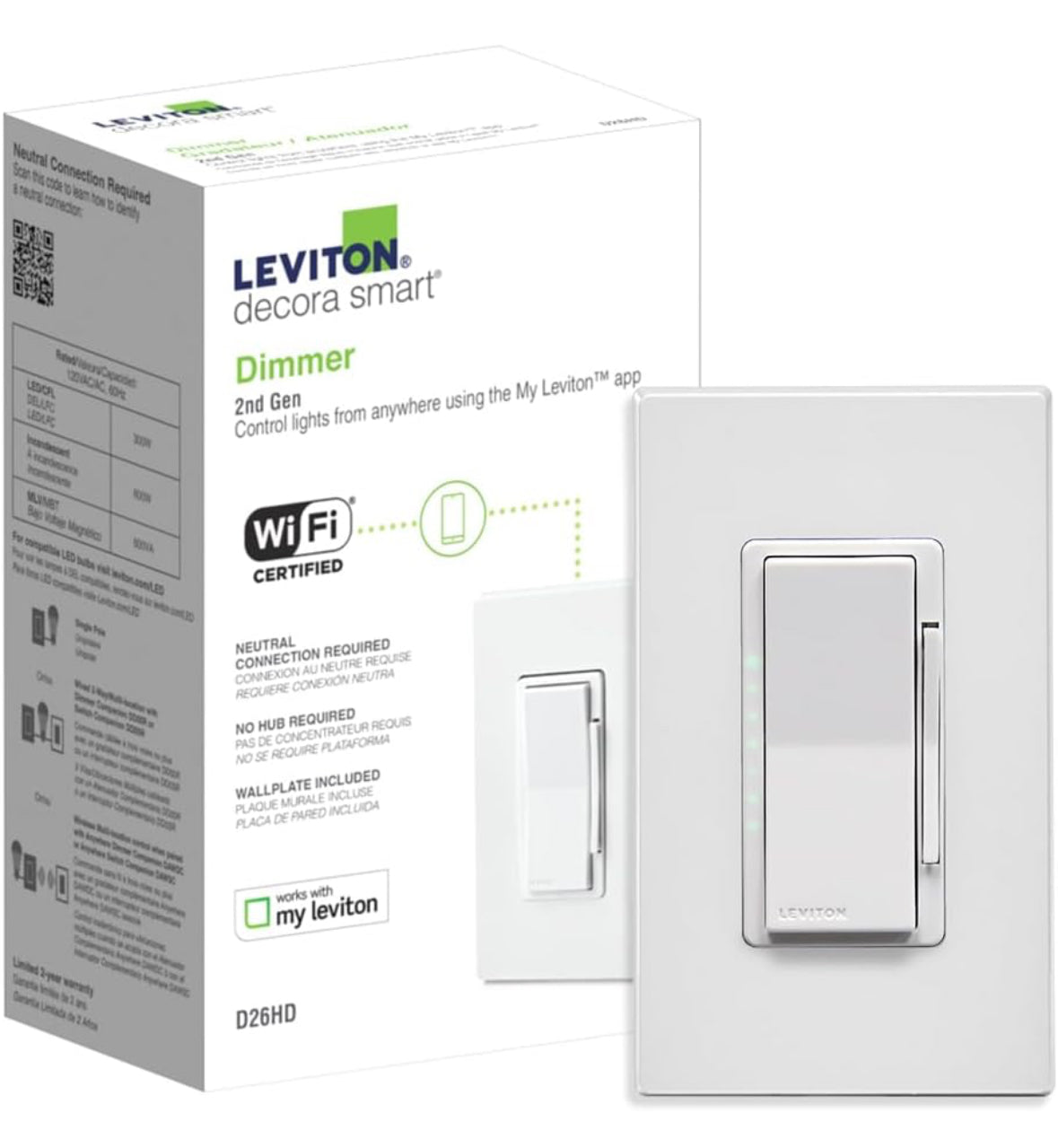 Leviton Decora Smart Dimmer Switch, Wi-Fi 2nd Gen, Neutral Wire Required, Works with Matter, My Leviton, Alexa, Google Assistant, Apple Home/Siri & Wired or Wire-Free 3-Way, D26HD-2RW, White