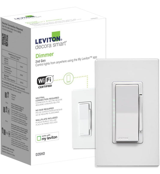 Leviton Decora Smart Dimmer Switch, Wi-Fi 2nd Gen, Neutral Wire Required, Works with Matter, My Leviton, Alexa, Google Assistant, Apple Home/Siri & Wired or Wire-Free 3-Way, D26HD-2RW, White