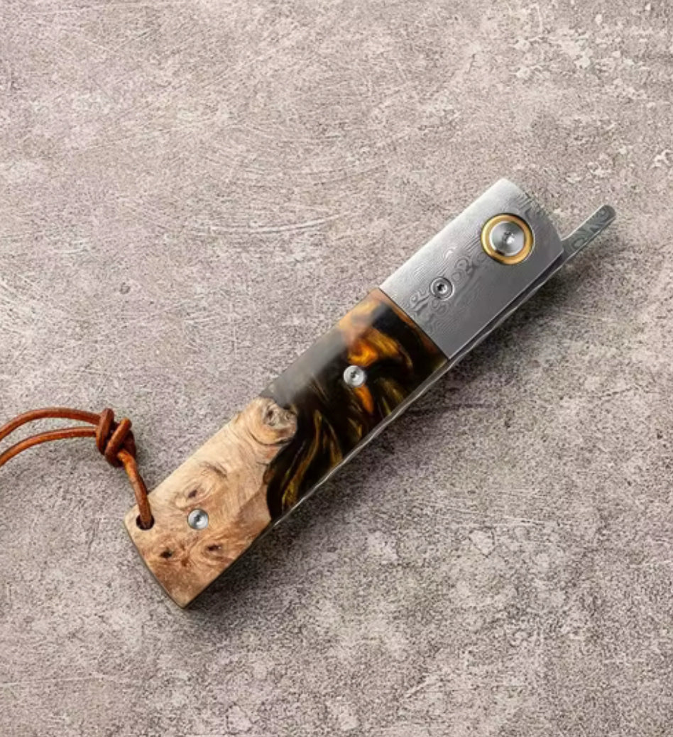 Galaxy Japanese Damascus Folding Pocket Knife with Olive Burl Wood & Resin Handle