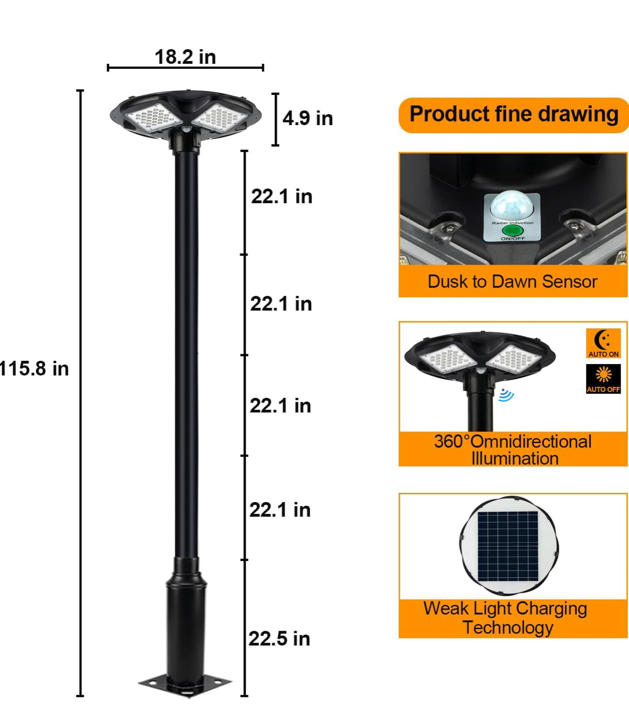 3500W Commercial Solar Flag Pole Outdoor Lamp Post Light with 98 inch Pole IP67 Waterproof With Remote