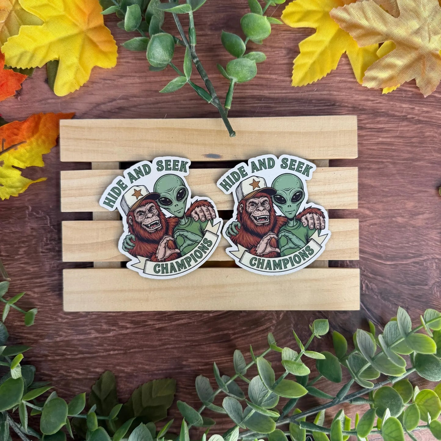 Hide and Seek Champions (Big Foot & Alien) | UV Printed Leather Hat Patch