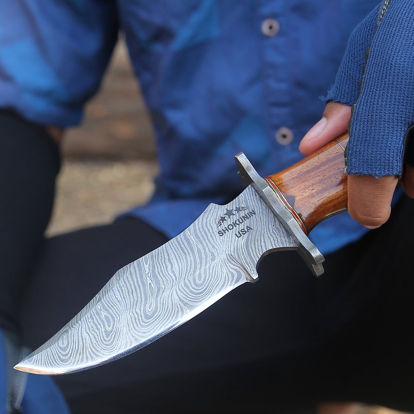 Hornet Custom Damascus Hunting Knife with Exotic Rose Wood Handle & Sheath