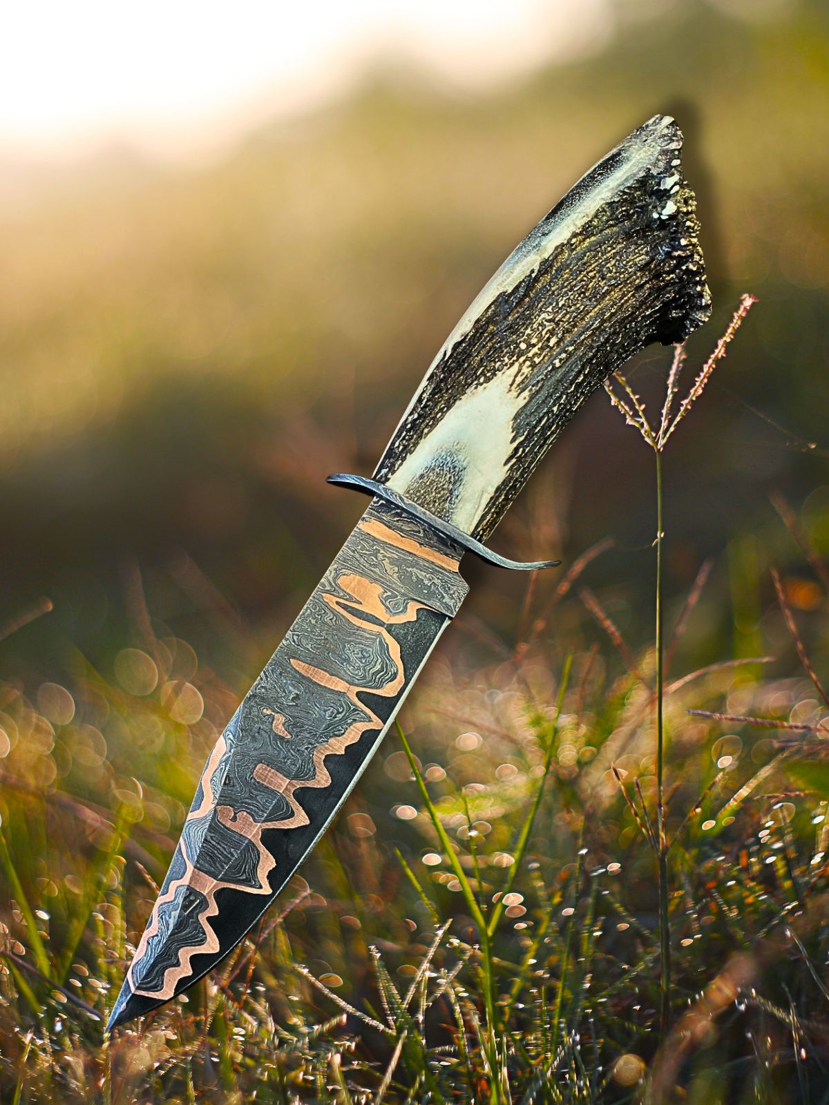 Nyx Copper & 1095 Damascus Hunting Knife with Antler Handle