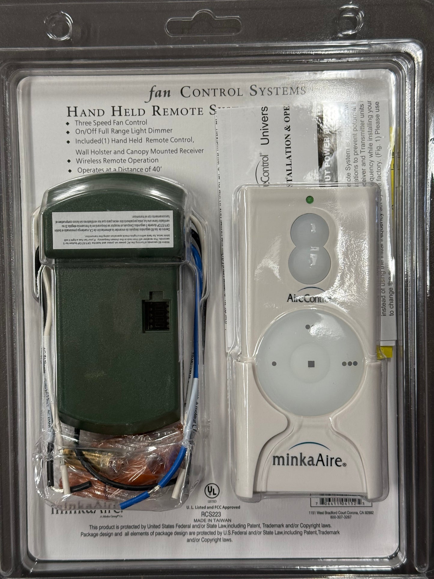 Minka-Aire AireControl 3 Speed Universal 256 Bit Handheld Ceiling Fan Remote Control for LED with Receiver Kit - White - RCS223