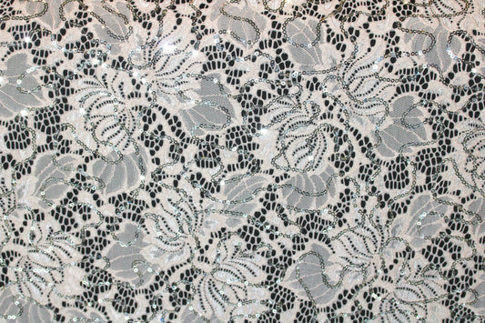 EMBROIDERED FLORAL LACE FABRIC WITH BEAD SPARKLE SOFT BEIGE 56" WIDE BY THE YARD