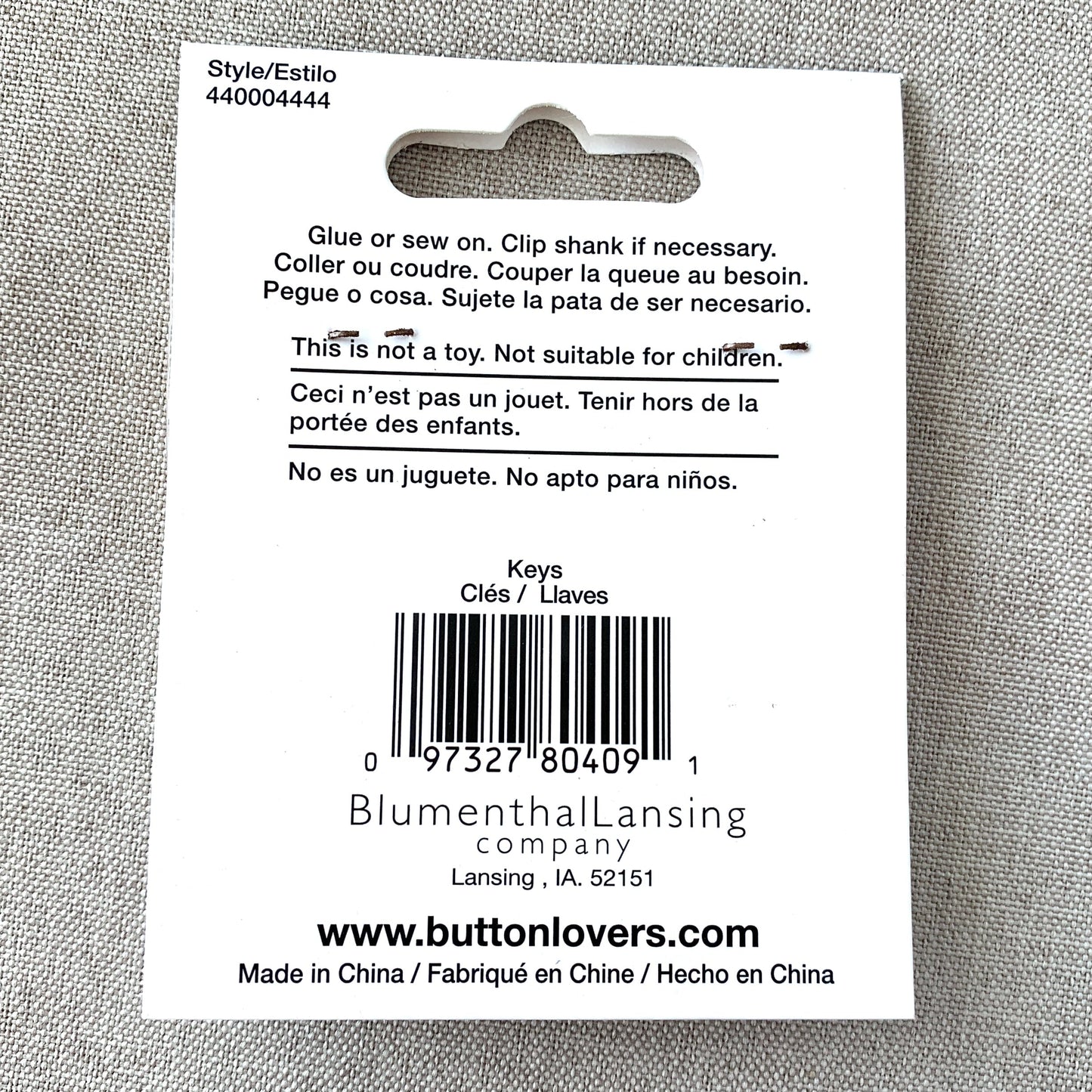 4444 Silver Key - Collectors Buttons - 1 Hole Shank Button - - Silver
