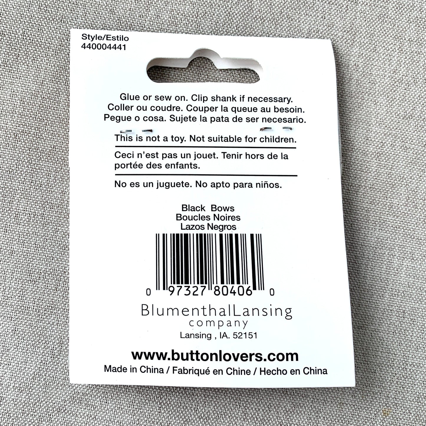 4441 Bow Ribbon - Collectors Buttons - 1 Hole Shank Button - - Black