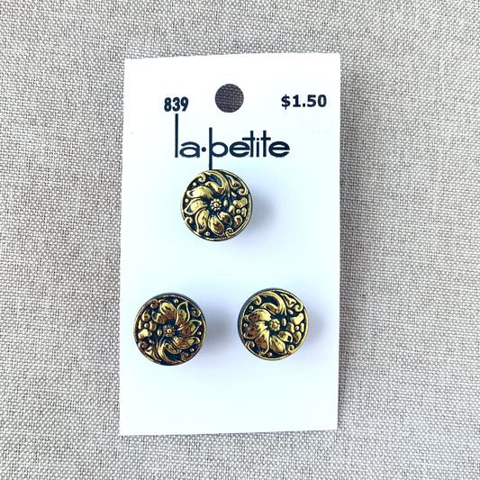 839 Gold Black Flower - La Petite - 1 Hole Shank - 13mm - Gold and Black