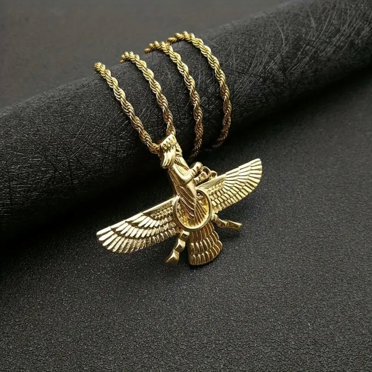 Persian Jewelry, Titanium Steel Gold-plated Zoroastrian (Farvahar) Pendant Necklace