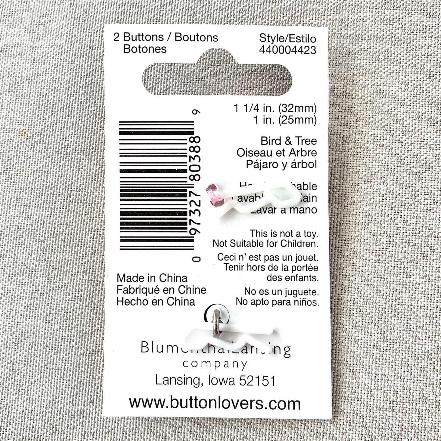 4423 Bird and Tree - Collectors Buttons - 1 Hole Shank Buttons - 25mm 32mm - Pink Silver