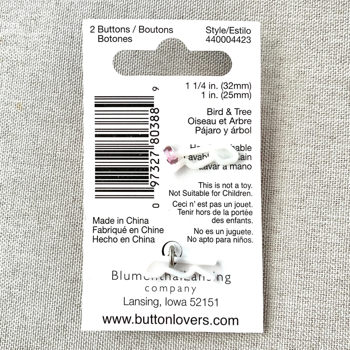 4423 Bird and Tree - Collectors Buttons - 1 Hole Shank Buttons - 25mm 32mm - Pink Silver