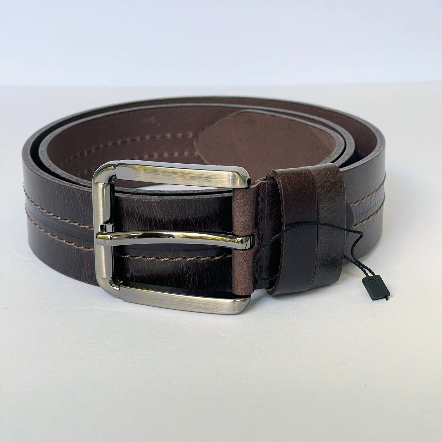 Real Handmade Thick Brown Genuine Leather Belt, Two-Row Stitch, The Best Gift for Men
