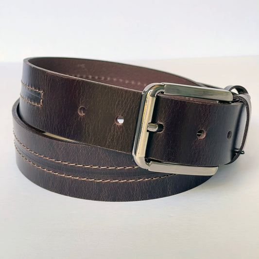Real Handmade Thick Brown Genuine Leather Belt, Two-Row Stitch, The Best Gift for Men