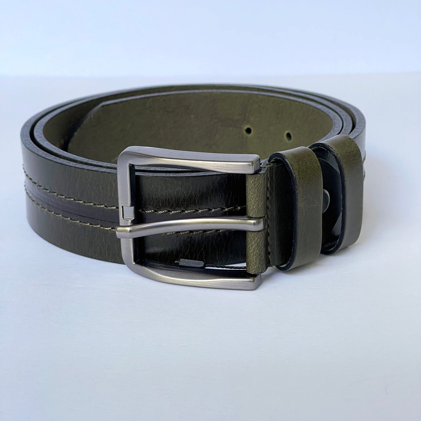 Handmade Thick Genuine Leather Belt, Two-Row Stitch, The Ultimate Official Gift for Men in Olive Green