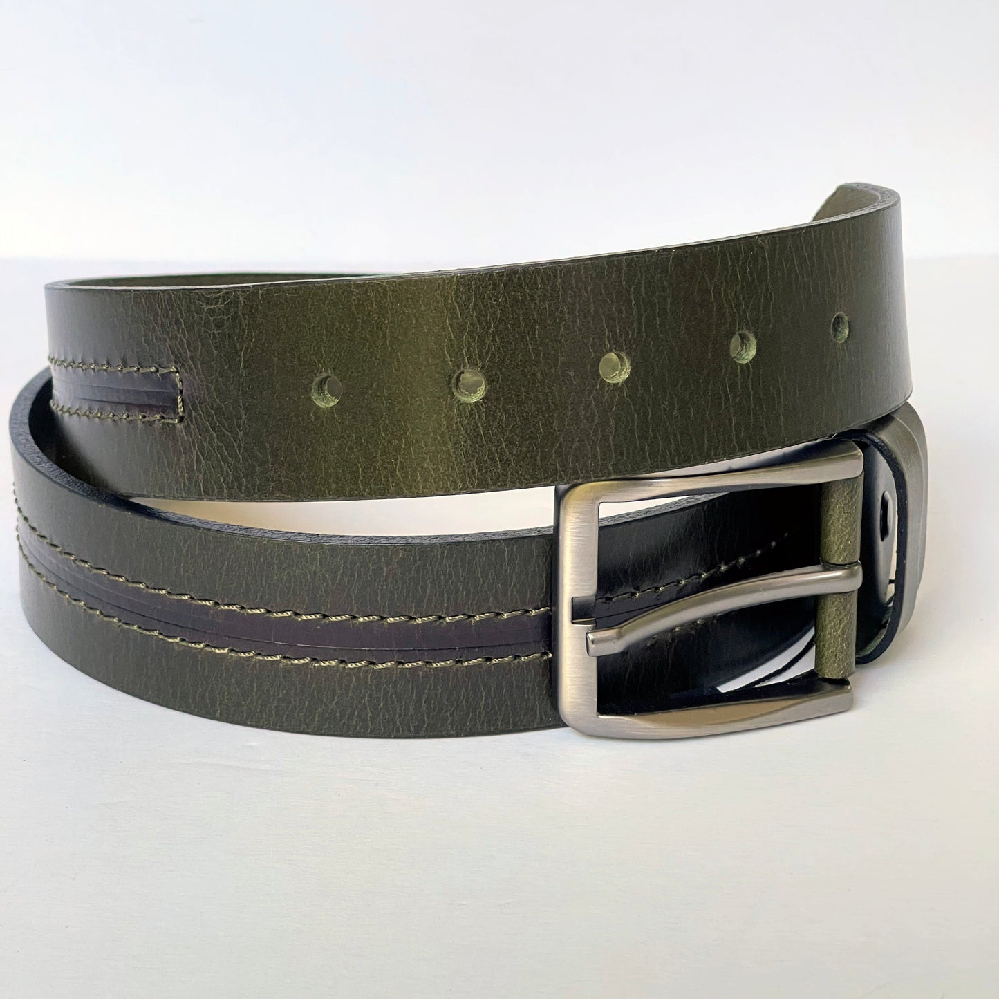Handmade Thick Genuine Leather Belt, Two-Row Stitch, The Ultimate Official Gift for Men in Olive Green
