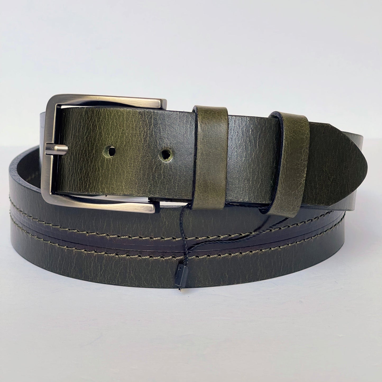 Handmade Thick Genuine Leather Belt, Two-Row Stitch, The Ultimate Official Gift for Men in Olive Green
