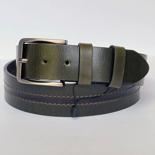 Handmade Thick Genuine Leather Belt, Two-Row Stitch, The Ultimate Official Gift for Men in Olive Green