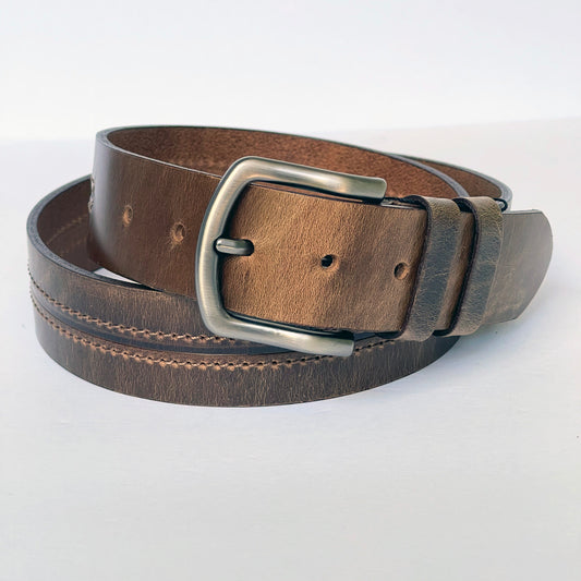 Elegant Handmade Thick Genuine Leather Belt, Two-Row Stitch, The Ultimate Official Gift for Men- Color: Rustic Brown