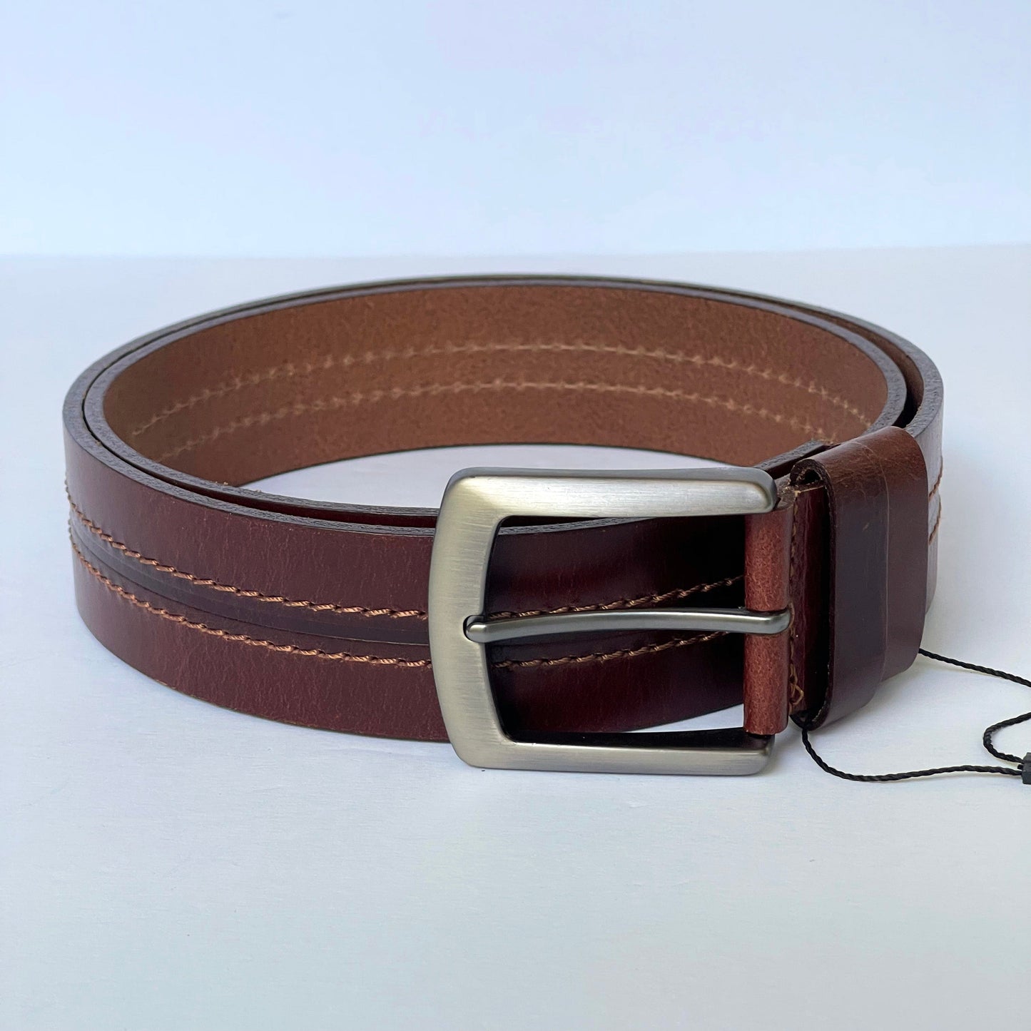 Handmade Thick Burgundy Brown Genuine Leather Belt, Two-Row Stitch, The Ultimate Official Gift for Men