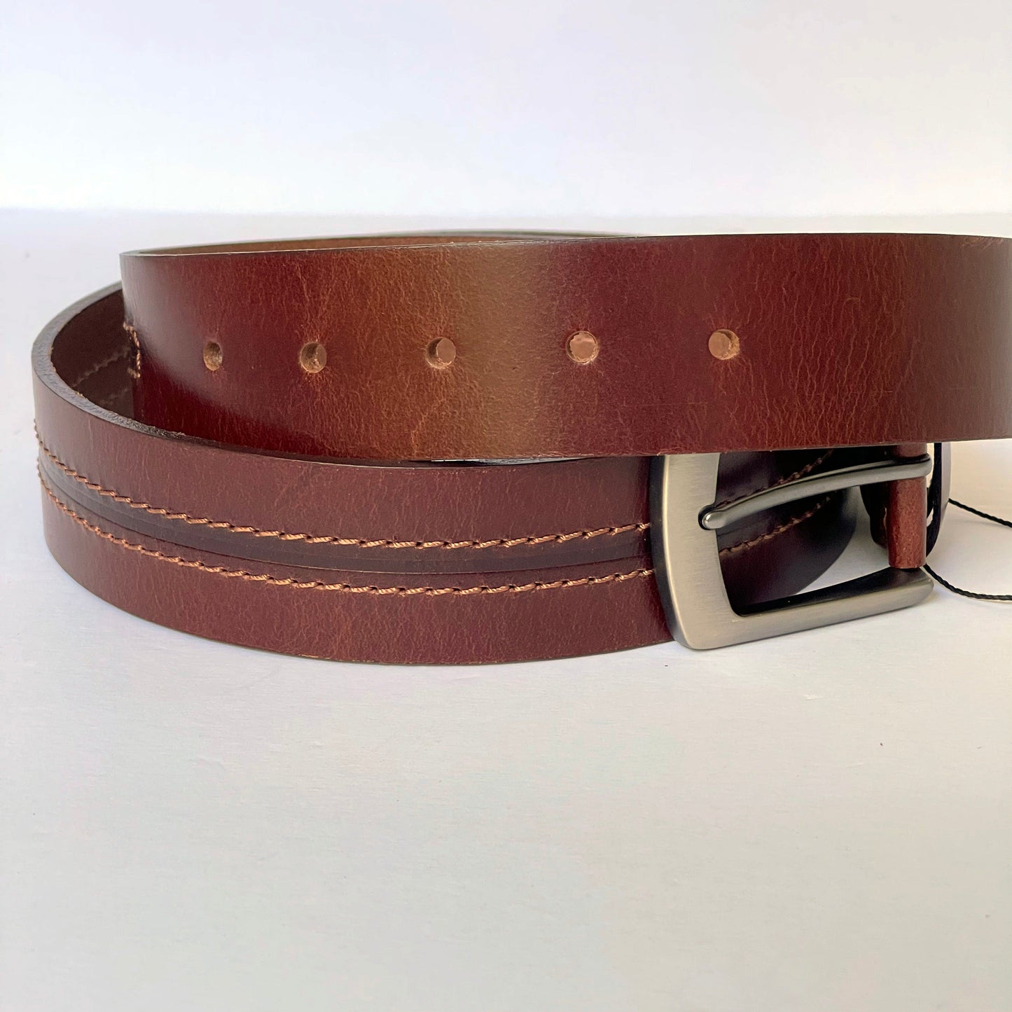 Handmade Thick Burgundy Brown Genuine Leather Belt, Two-Row Stitch, The Ultimate Official Gift for Men