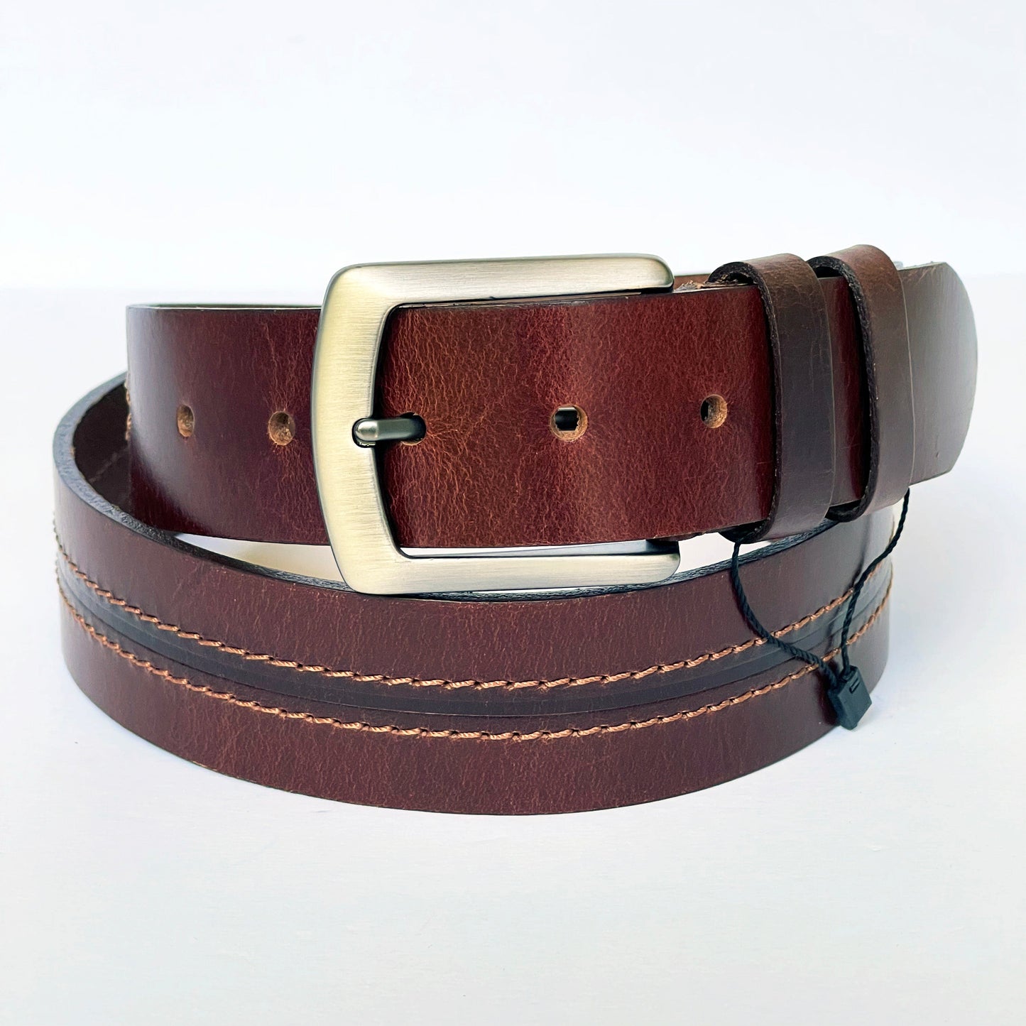 Handmade Thick Burgundy Brown Genuine Leather Belt, Two-Row Stitch, The Ultimate Official Gift for Men