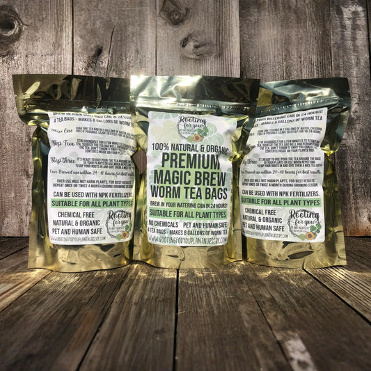 Premium Magic Brew Worm Tea Bags Natural & Organic 4 Tea Bags MAKES 8 GALLONS - Oregon Licensed Nursery - Easy to Brew in your watering can!