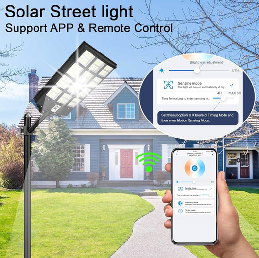 4500W Solar Street Light Outdoor, 250000LM 6500K with Mobile App Remote Control Dusk to Dawn LED Motion Sensor