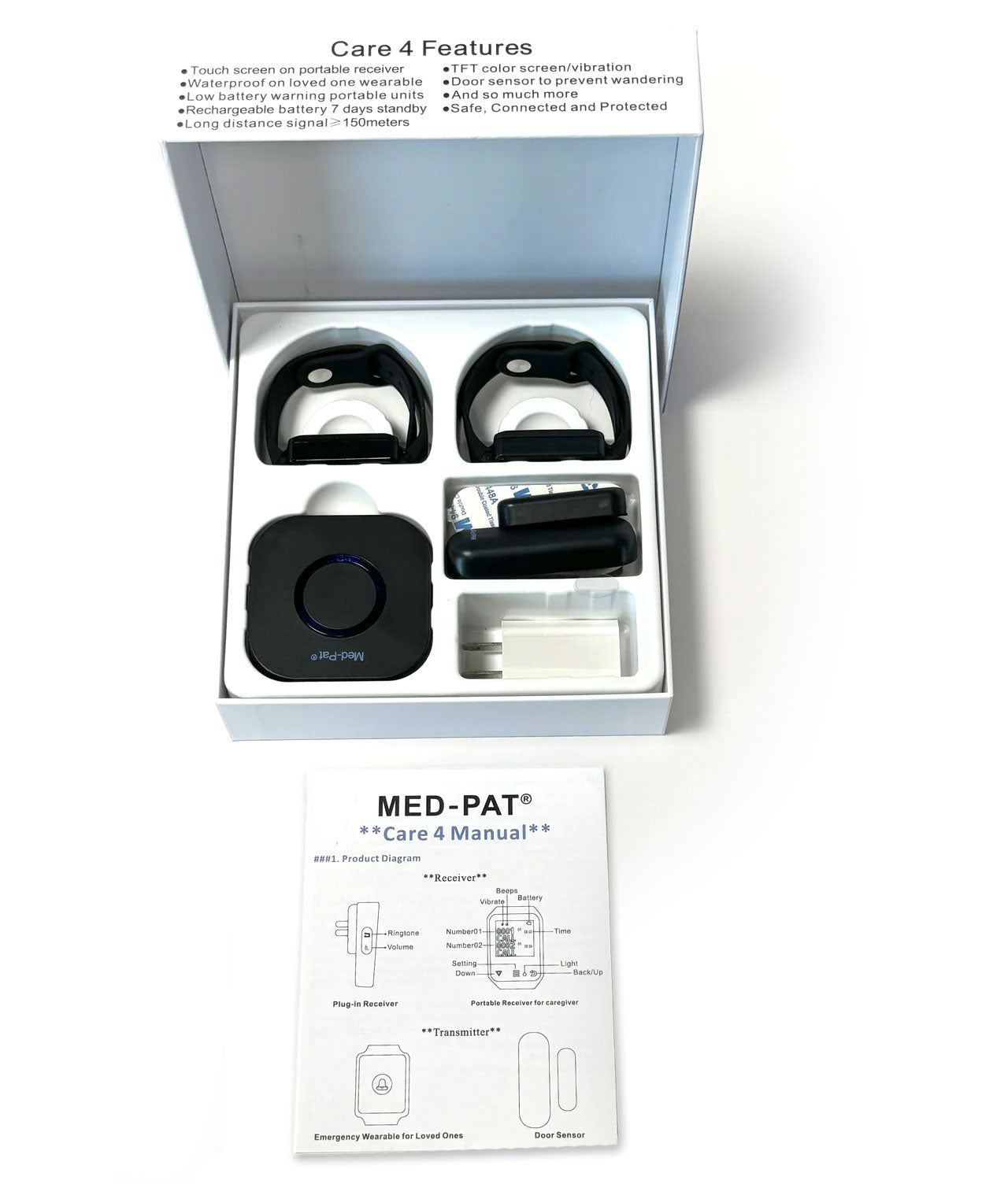 Med-Pat CARE-4 Caregiver Pager System | Wearable Touchscreen Receiver, Waterproof Emergency Button & Door Sensor – 24/7 Safety Kit