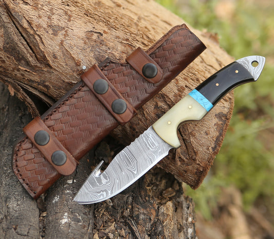 Synapse Damascus Hunting Knife with Gut Hook Horn & Turquoise Handle