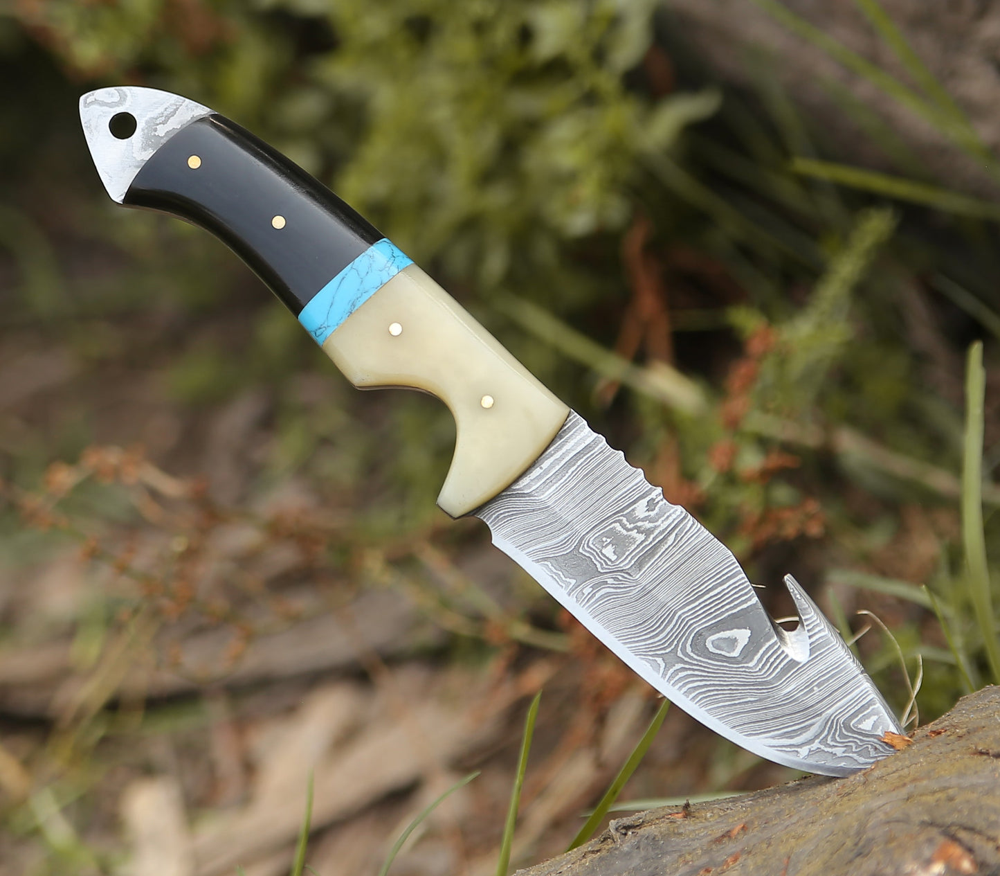 Synapse Damascus Hunting Knife with Gut Hook Horn & Turquoise Handle