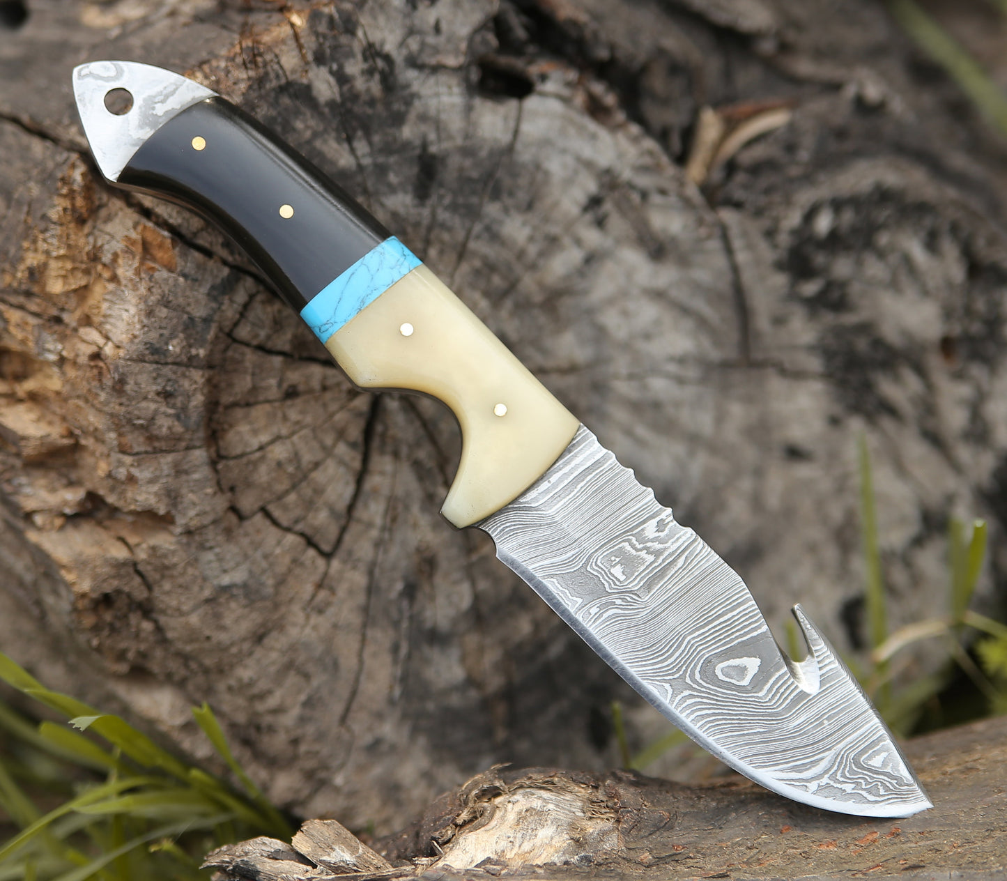 Synapse Damascus Hunting Knife with Gut Hook Horn & Turquoise Handle