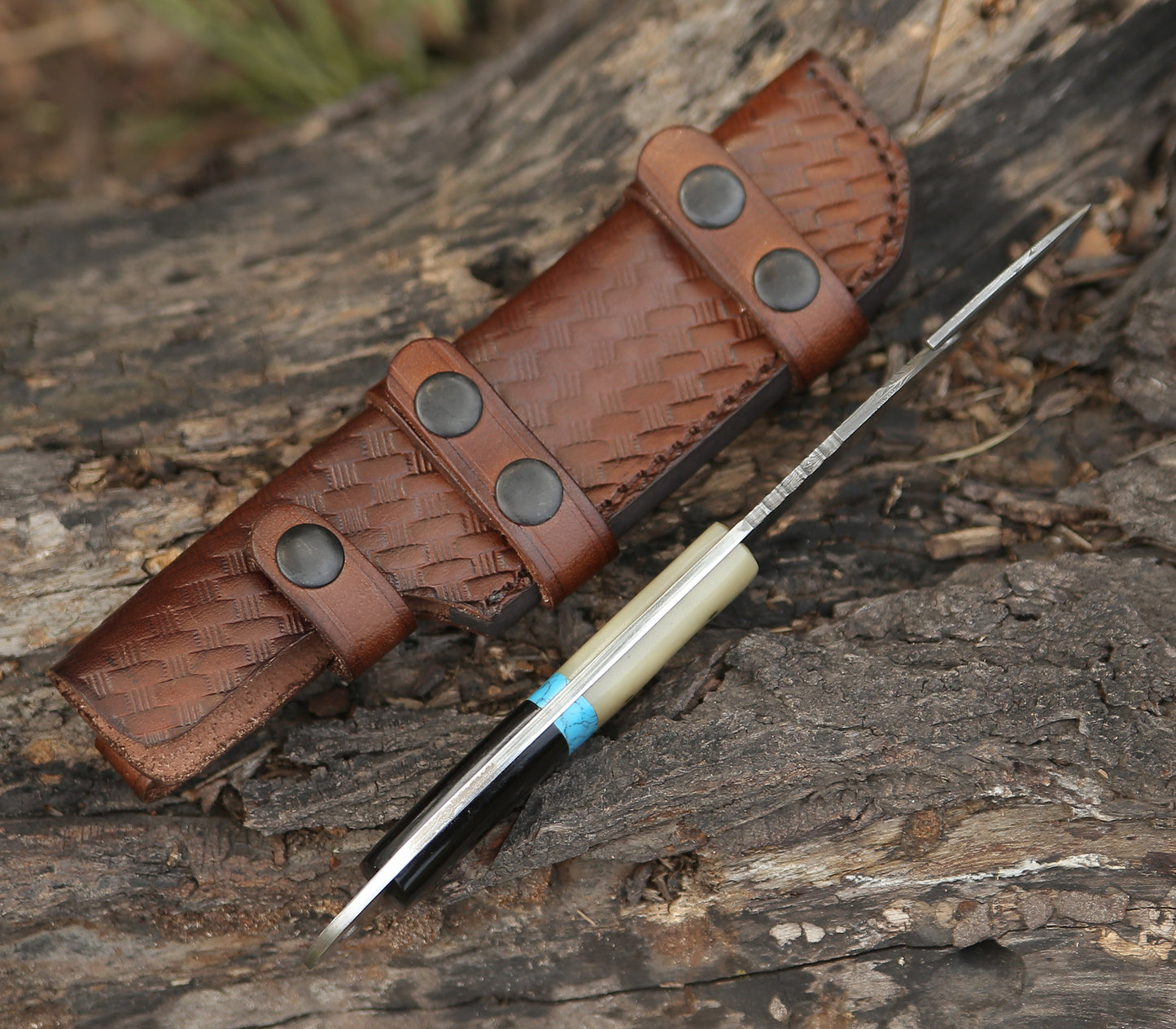 Synapse Damascus Hunting Knife with Gut Hook Horn & Turquoise Handle