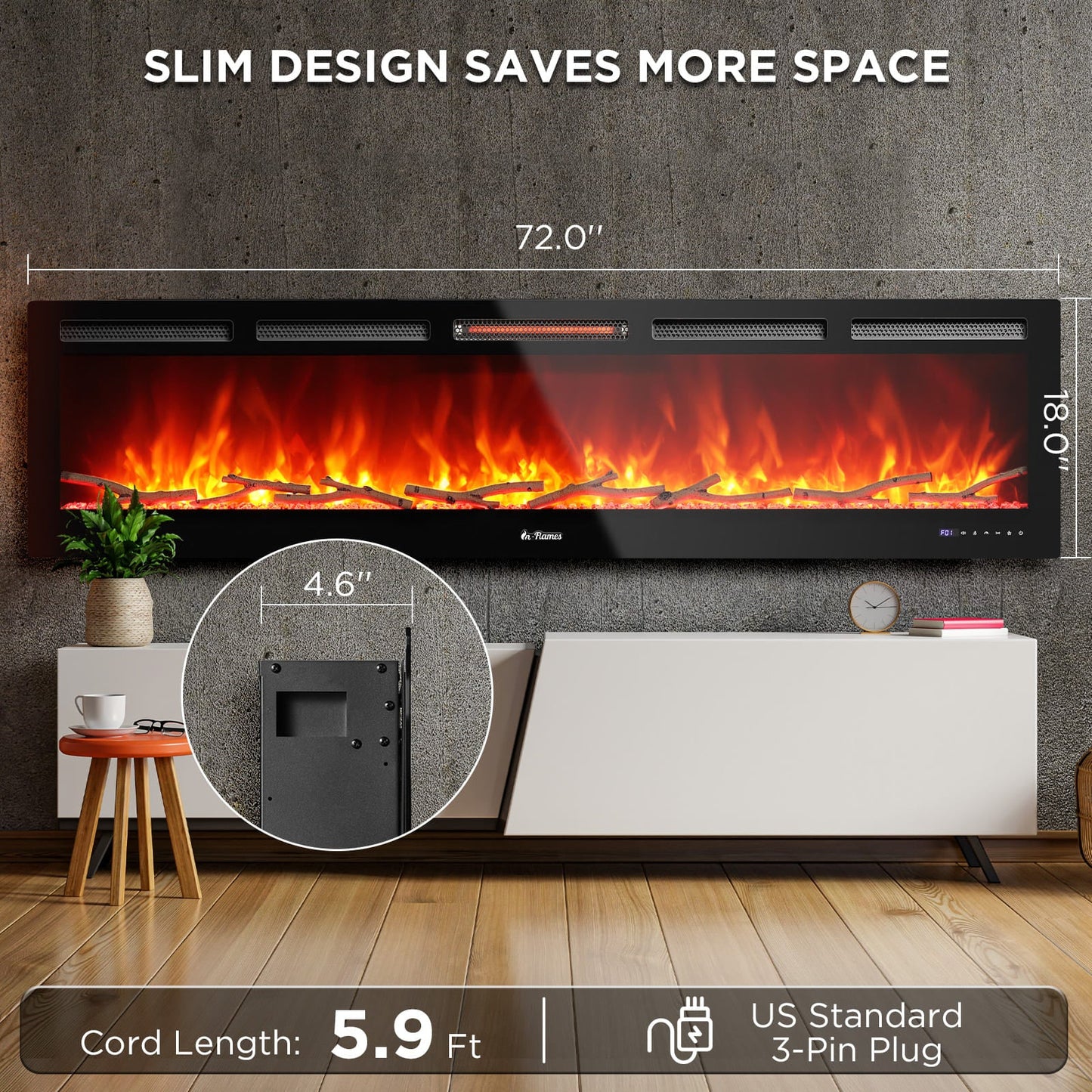 In Flames INF72W-3D WiFi Smart Wall Mounted Electric Fireplace - Tempered Glass