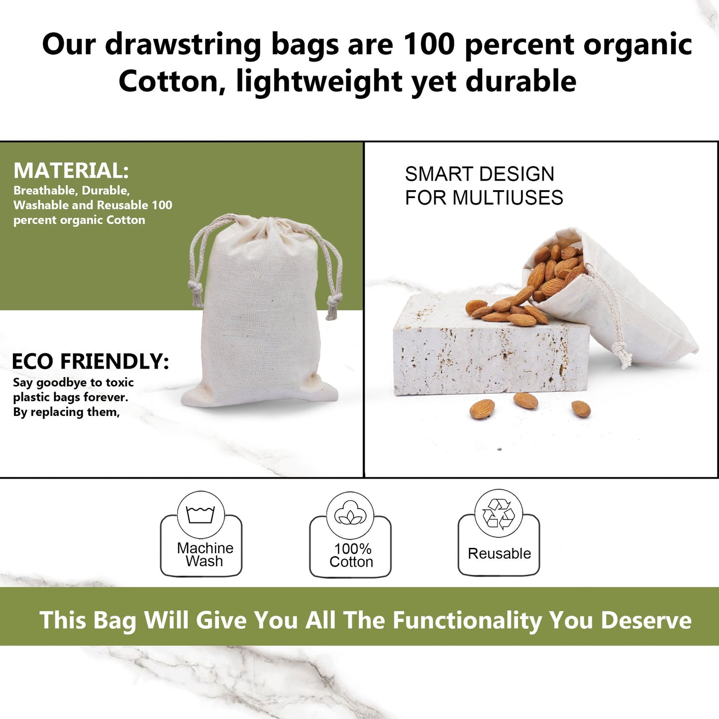 14x17 Inches Reusable Eco-Friendly Cotton Double Drawstring Bags Natural Color