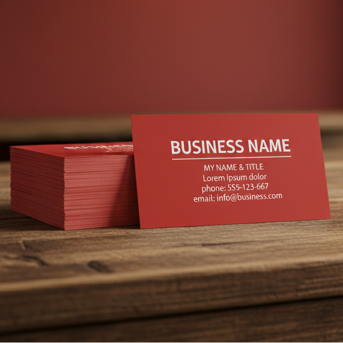 A stack of red business cards sits on a wooden surface with one card standing upright in front. The front card shows placeholder business name text in white against a warm red background.