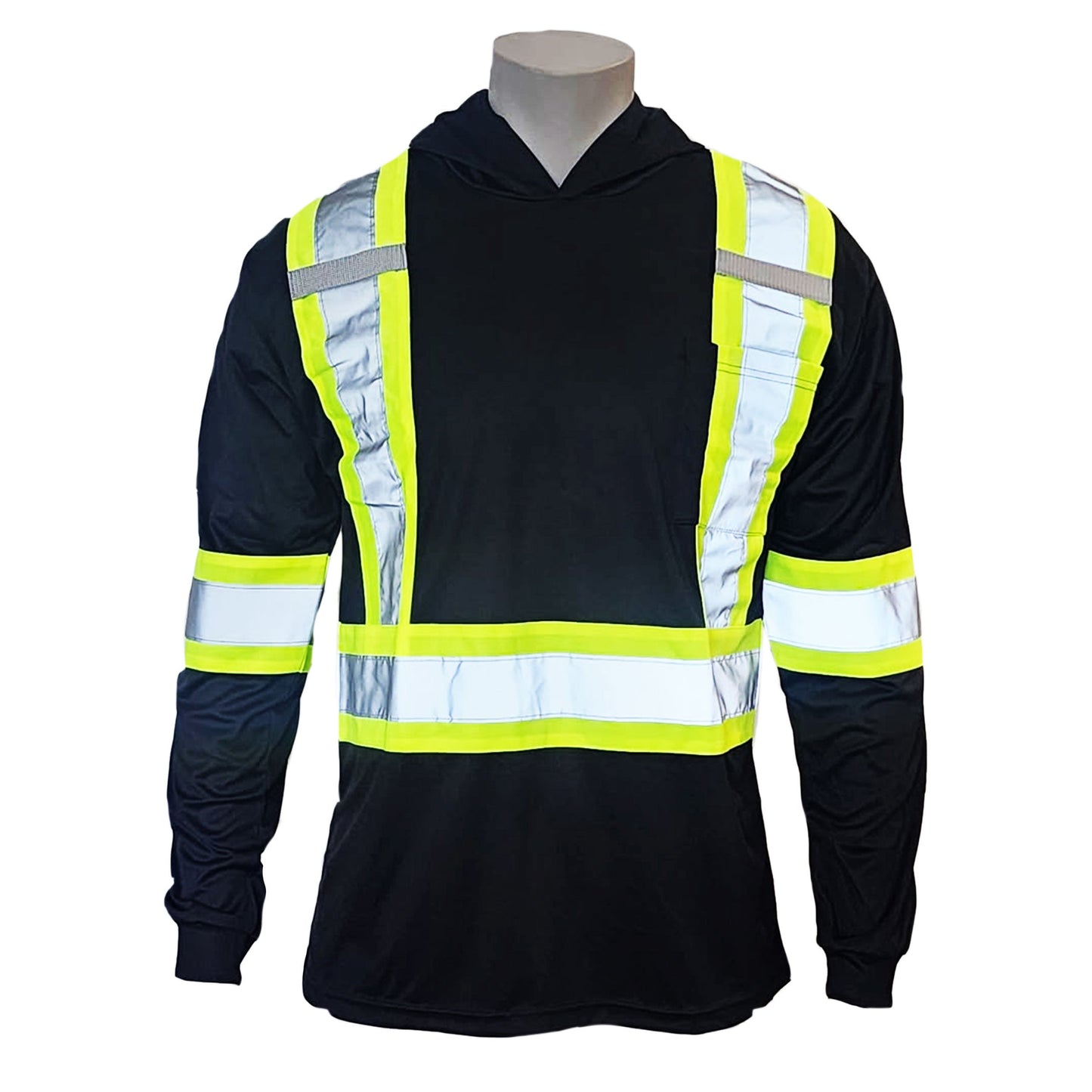 Long Sleeve Hooded Safety Tee with Reflective Stripes & Pocket – 100% Polyester