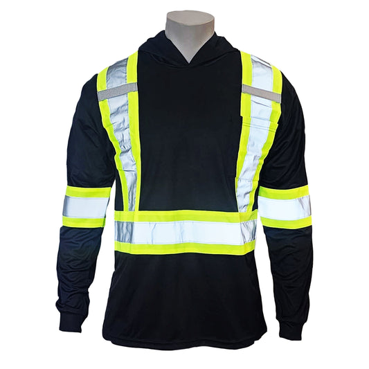 Long Sleeve Hooded Safety Tee with Reflective Stripes & Pocket – 100% Polyester